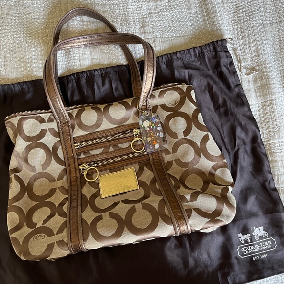 Coach Poppy C op art glam bronze metallic leather brown jacquard canvas tote bag - Picture 6 of 15